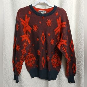 Vintage Obermeyer Men's Red and Blue Patterned Crewneck Sweater